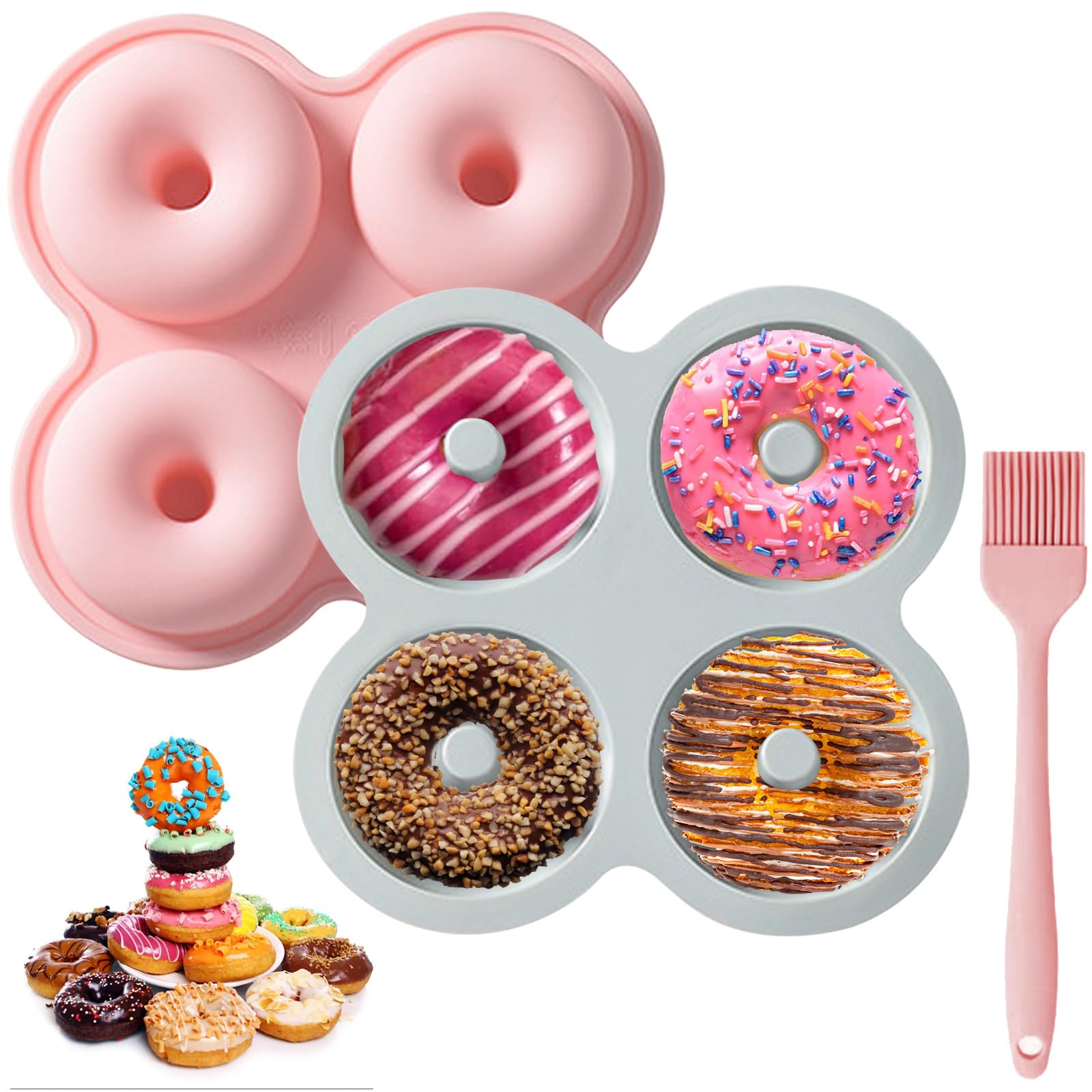 Jogoico Silicone Donut Molds 2 Pack Doughnut Mould 4 Cavity Tray Donut Baking Pans Non-Stick Bagel Baking Tin with Brush, BPA Free Flexible Biscuit Doughnut Maker for Cake Biscuit Bagels Muffins