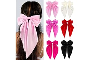 Loqpol 6 PCS Silky Satin Hair Bows, Oversized Long Tail Bows with Barrette Clips, Coquette Hair Accessories for Women and Gir