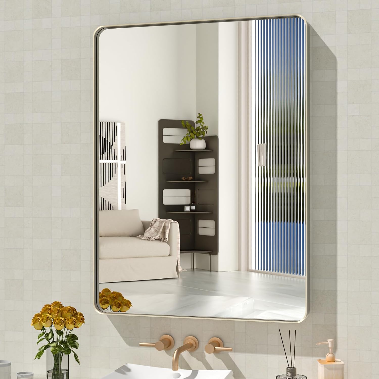 Mirrors - WEER 24X32 Inch Silver Bathroom Mirror, Brushed Silver Metal Frame Mirror, Rounded Rectangle Silver Bathroom Vanity Mirror, Tempered Glass, Anti-Rust, Hangs Horizontally or Vertically
