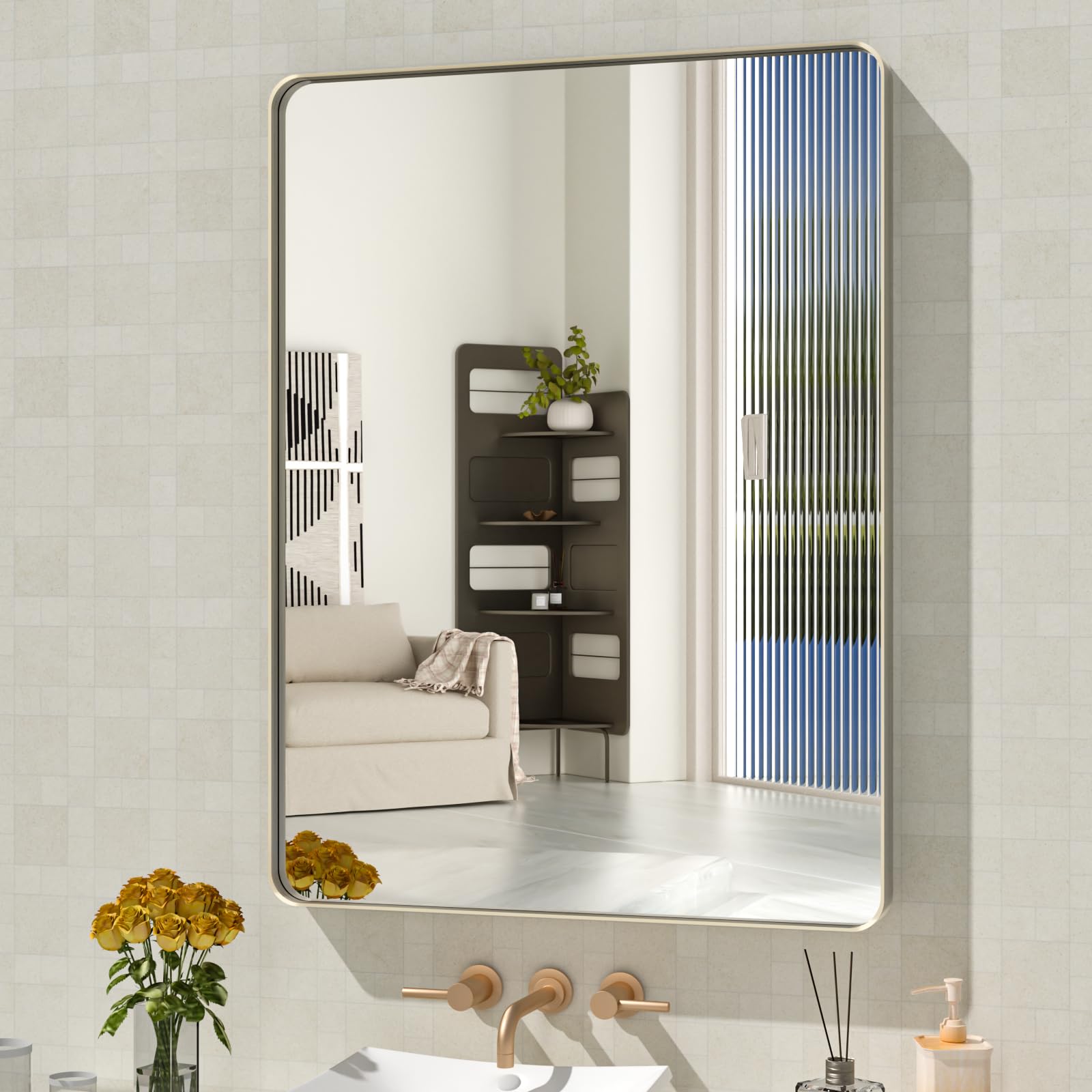 Photo 1 of WEER 24X32 Inch Brushed Nickel Bathroom Mirror, Brushed Silver Metal Frame Mirror, Rounded Rectangle Silver Bathroom Vanity Mirror, Tempered Glass, Anti-Rust, Hangs Horizontally or Vertically