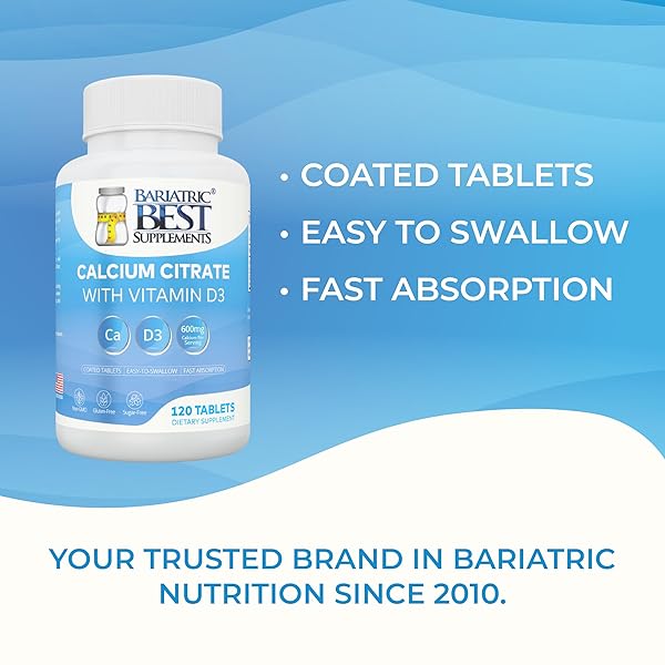 BARIATRIC CALCIUM CITRATE WITH VITAMIN D3-600MG CALCIUM PER SERVING, 120 TABLETS, ESSENTIAL FOR POST-BARIATRIC SURGERY, FORMULATED PER ASMBS GUIDELINES FOR BYPASS & SLEEVE PATIENTS