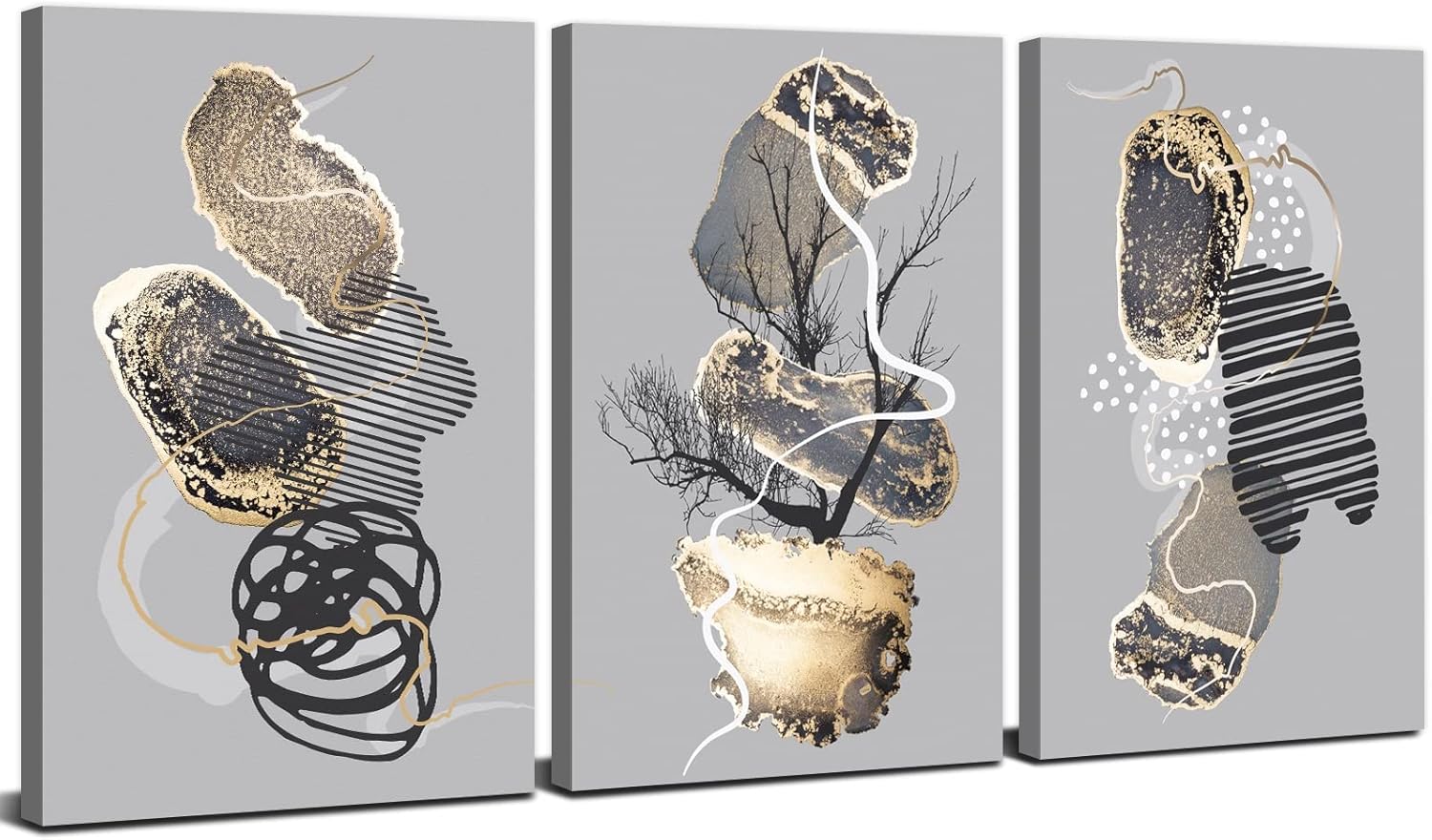 Paintings - Black and Gold Wall Art for Living Room Abstract Black and White Wall Decor Abstract Nordic Luxury Gold Canvas Paintings Modern Grey Geometric Artwork Bedroom Office Home Decoration 12x16in 3Pcs