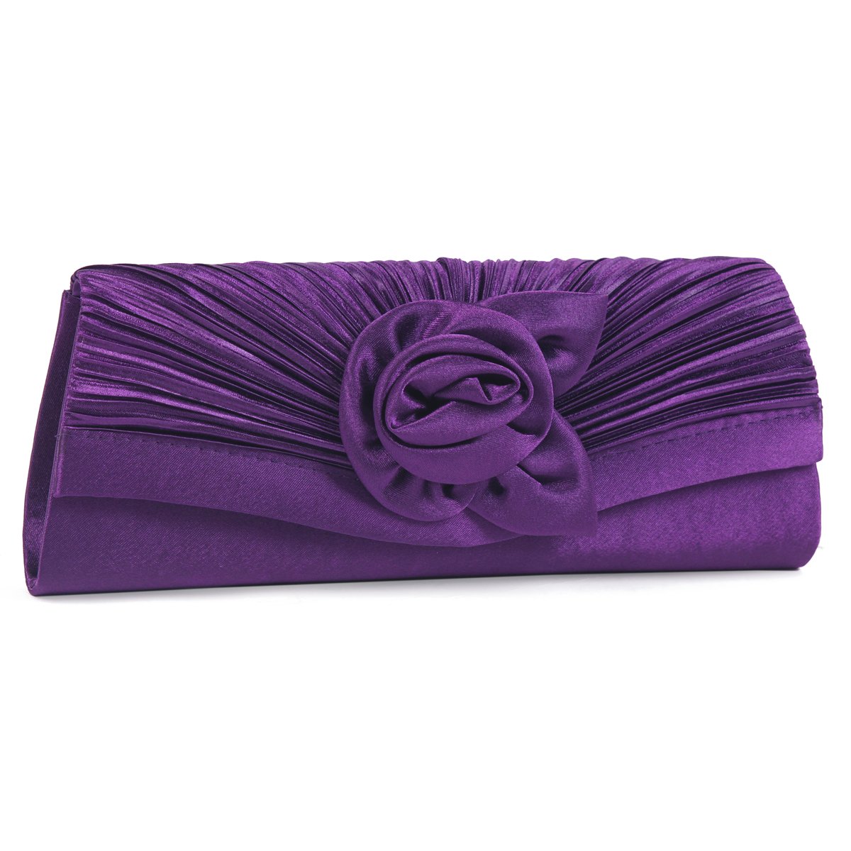 Damara Women's Satin Pleated Flower Front Evening Bag Clutch Handbag,Purple