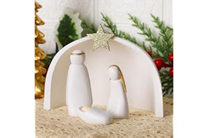 Juegoal Christmas Nativity Sets, Set of 4 White Mini Nativity Scene Resin Figurines, Xmas Holy Family Table Ornaments, Religious Holiday Collection Gifts, Baby Jesus Nativity Mantle Shelf Decor