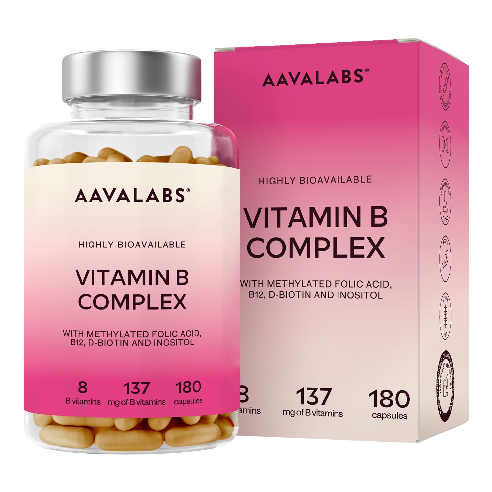 Vitamin B Complex High Strength - Includes Essential Multi B-Vitamins B12, Vitamin B6, Vitamin B1, Vitamin B5 Pantothenic Acid, Niacin, Biotin, Folate, Riboflavin, Inositol - (180 Capsule Supply)