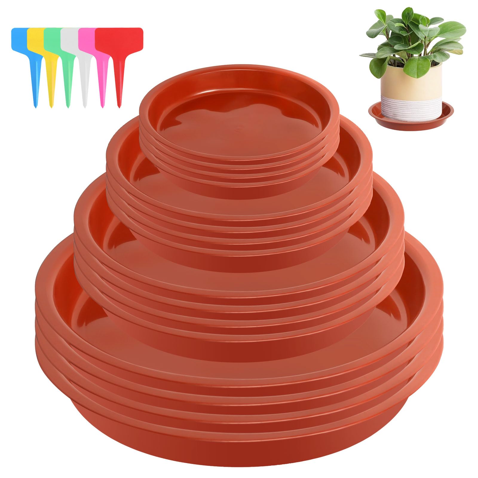 HFDONGL Plant Pot Saucers 16 Pieces Plant Saucers Plastic Thicker Plant Trays with 18 Pieces Label Round Plant Pot Trays for Indoor and Outdoor Plants (12/16/18/21cm, Red)