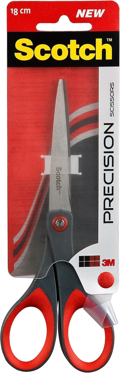 Scotch Precision Office Scissors with Stainless Steel Blades - 18 cm - Ideal for Precise Cutting, Good for Right Hand Use and Left Hand Use - Grey/Red Colour