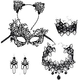 Hopodix 6Pcs Costume Accessories with Black Lace Cat Ears Headband Choker Necklace Bracelet Earings Masquerade Mask for Women Lady Masquerade Cosplay Party Gifts Lace Accessories