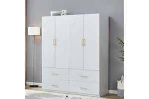ClassyCabin 74.2" 4 Door Armoire Wardrobe Closet, Wooden 4 Drawers White Closet Cabinet for High Storage Capacity, Tall Cabinet Closet Wardrobe with Hanging Rod 63" L x 20.3" W x 74.2" H
