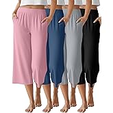 Neer 4 Pack Women's Capri Pants Wide Leg Capris Yoga Sweatpants Lounge Loose Fit High Waist Workout Cropped Pants with Pocket