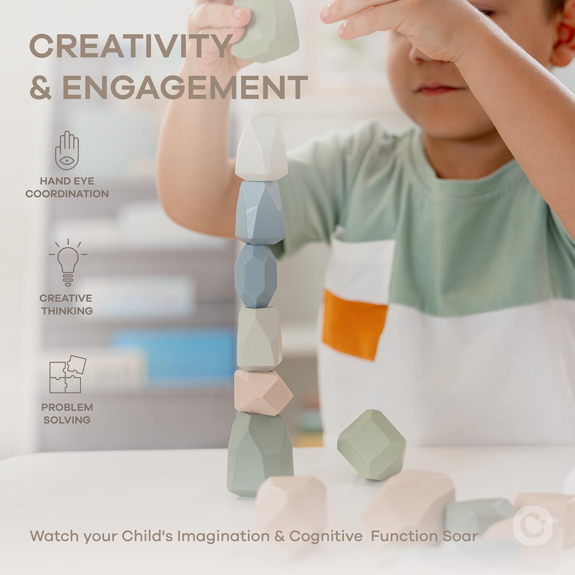 Comfy Cubs Stacking Rocks 36 Pieces, 36 Months+, Educational Toddler Stacking Blocks, Promotes Imagination, Balance & Fine Motor Skills - Wooden Rocks Sensory Toys Gift for Kid, Neutral Pack