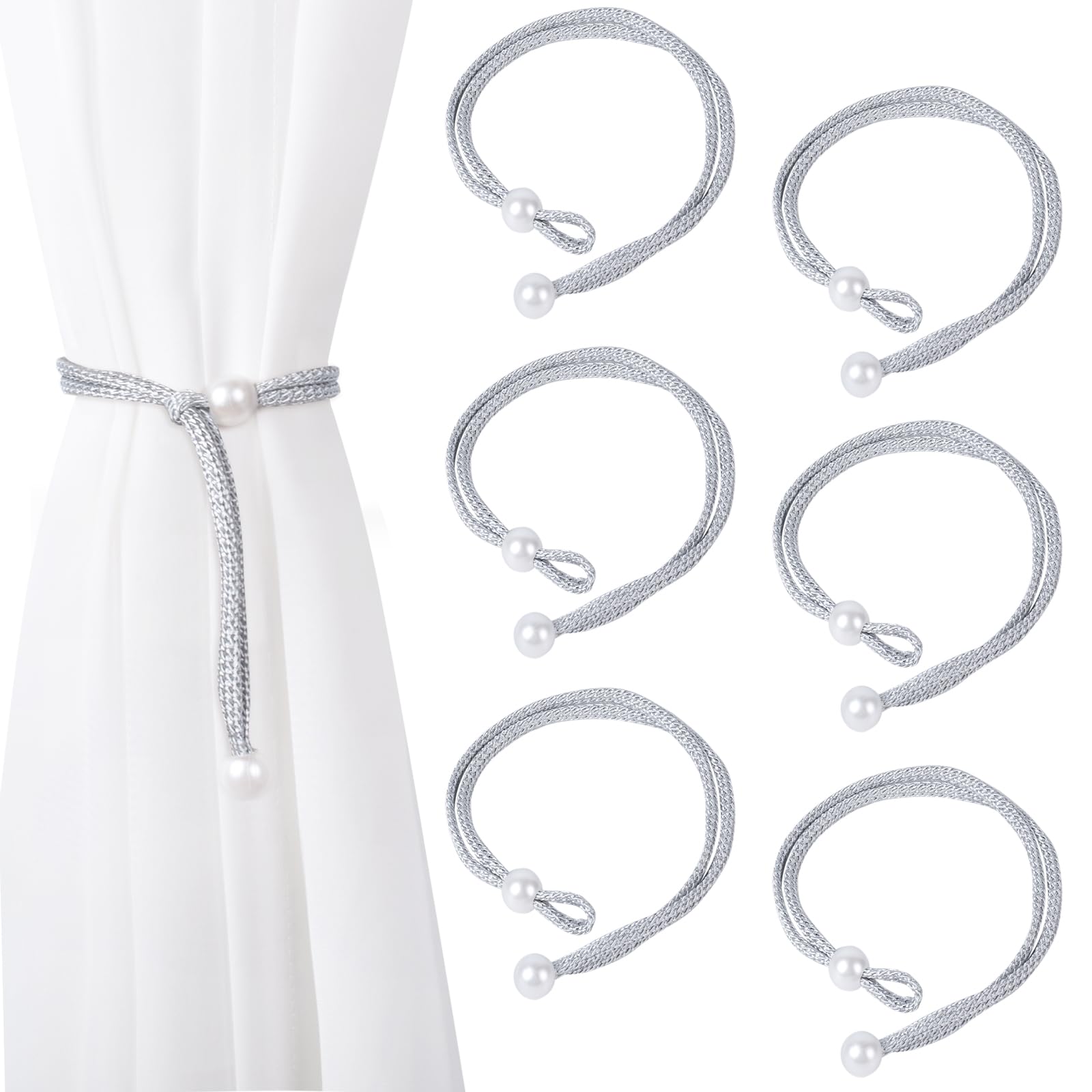 Dalababa 3 Pair Curtain Tie Backs Rope, Polyester Hand-Woven Drapery Holdbacks, Pearl Curtain Tiebacks Straps Buckles for Home Decor (Grey)