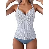 B2prity Women's Ruched Tankini Swimsuits V Neck Wrap Tie Back Two Pieces Bathing Suit Tummy Control Swimwear