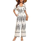 DUKAKII Women's Floral Jumpsuit Boho Jumpsuit Floating Short Sleeve V-Neck Elasticized Drawstring Jumpsuit with Pockets