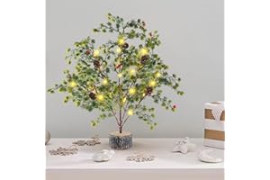GUDEGOU Small Christmas Tree-18Inch Prelit Christmas Tabletop Tree with Timer,Artificial Xmas Pine Tree with Lights, Red Berries, Cones for Desk Bedroom Holiday Indoor Decorations