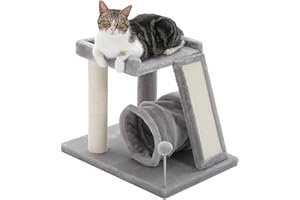 PEQULTI Small Cat Tree with Cat Play Tunnel, 4-in-1 Cat Tower Cat Scratching Post with Large Top Cat Perch and Scratching Board for Indoor Cats