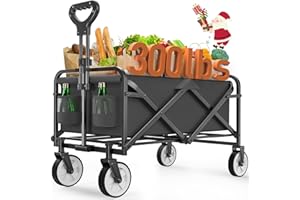 LUBBYGIM Collapsible Folding Wagon Cart, Heavy Duty Utility Beach Wagon Cart with Wheels Foldable, 220LBS Large Capacity Foldable Grocery Wagon for Camping Garden Shopping Sports, Black/1 Year Warranty