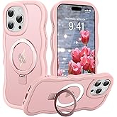 Nzenguer Magnetic for iPhone 16 Pro Max Case, Compatible with MagSafe Built-in Invisible Kickstand Wavy Frame Cute Translucent Matte Back Shockproof Phone case for iPhone 16 Pro Max Women Grils, Pink
