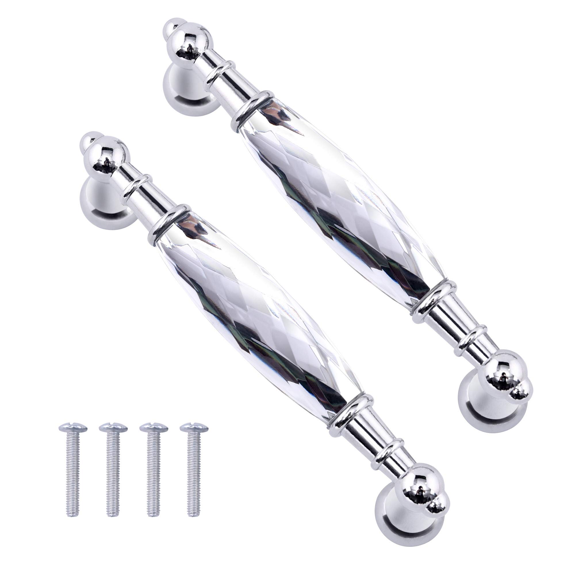 IEIK 2Pcs Hole to Hole Clear Pulls Crystal Drawer Handles Pulls Hole Center Glass Dresser Knob Chrome Metal Silver Modern Crystal Cupboard Cabinet Handle Pull Knobs (5")