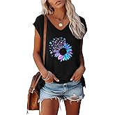 Anbech Cap Sleeve Tops Women Graphic V Neck Shirt Solid Print Casual T-Shirts