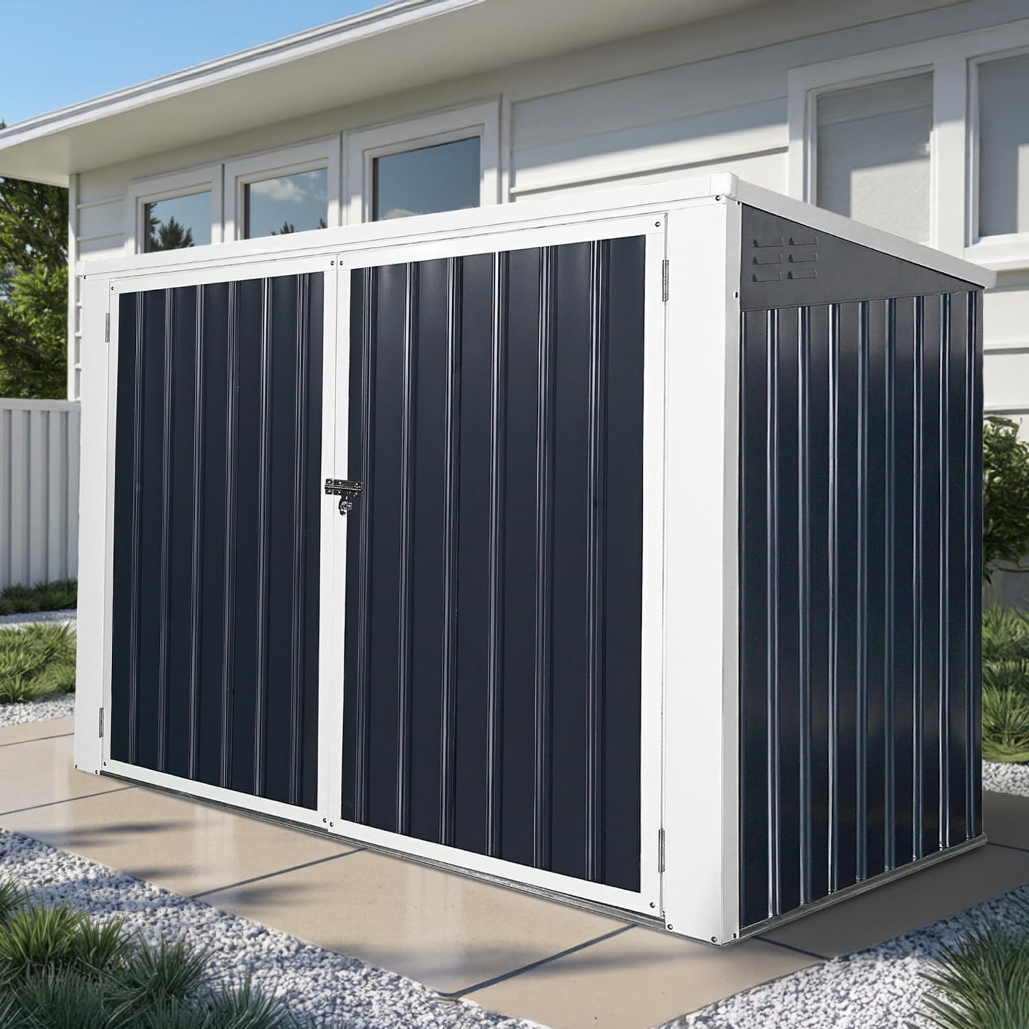 Photo 1 of LINKHOO Outdoor Trash Can Storage Shed, 2 Galvanized Steel Large Trash Cans, with Lockable Door & Auto-Buffer Storage Cover, Ideal Outdoor Trash Can for Outdoor, Patio, Garden, and Backyard, Black
