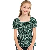 Seechoslo 2025 Tween Girls’ Cute Short Sleeve Square Neck Smocked Elastic Short Sleeve Woven Shirt Top