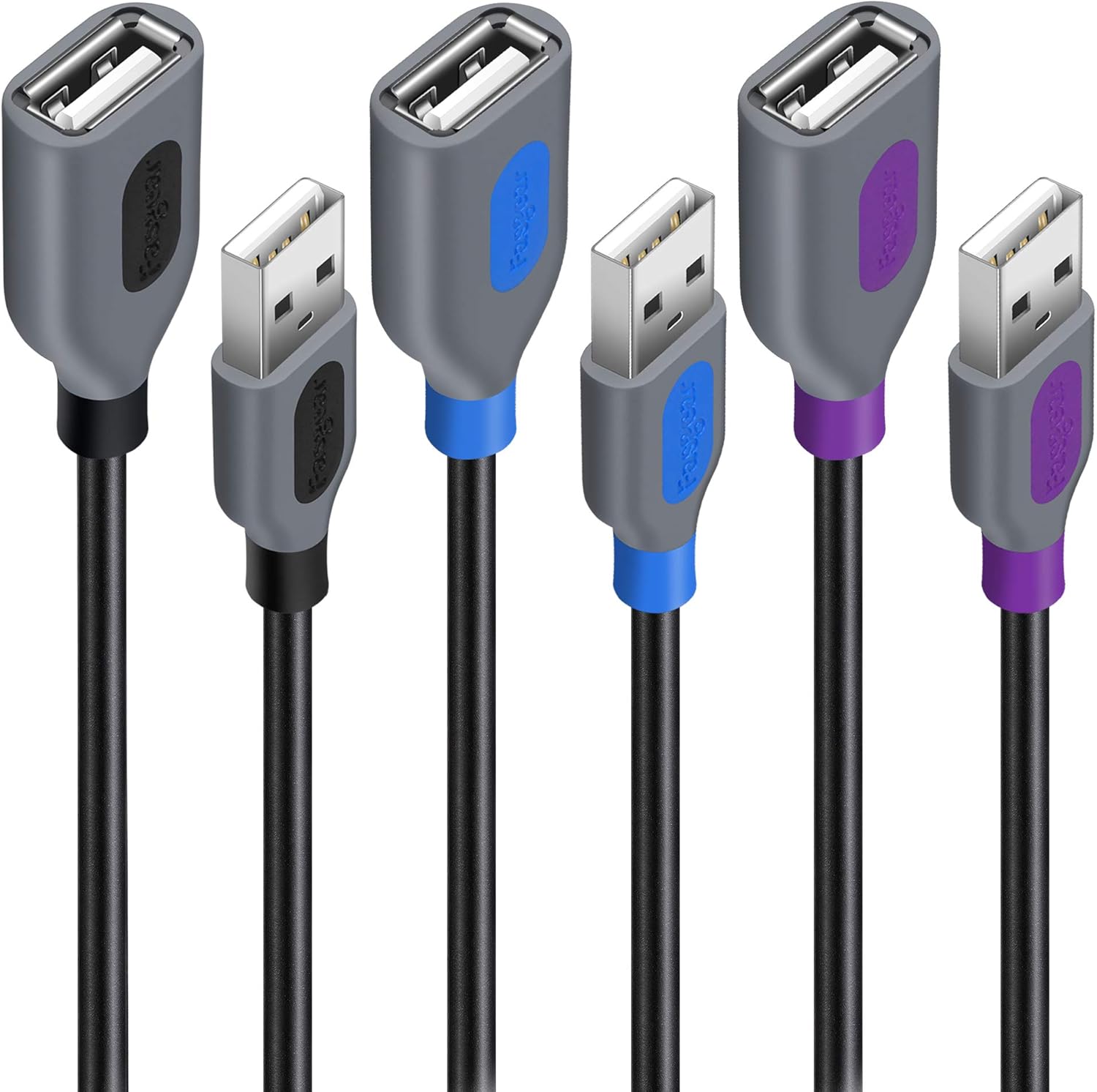 Fasgear USB 2.0 Extension Cable, 3 Pack 3ft A Male to A Female Charging and Syncing USB Extender Cord (Black & Purple & Blue)