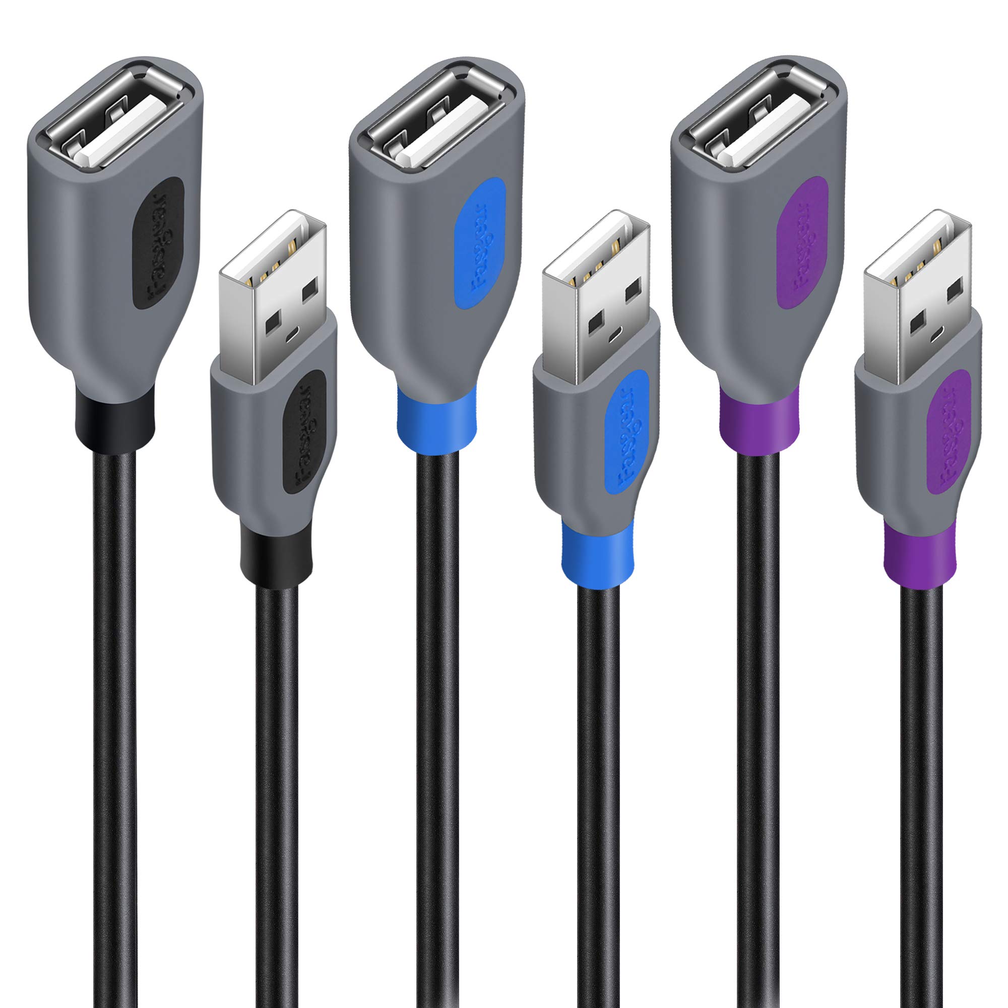 Fasgear USB 2.0 Extension Cable, 3 Pack 3ft A Male to A Female Charging and Syncing USB Extender Cord (Black & Purple & Blue)