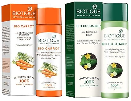 Biotique Bio Carrot Face & Body Sun Lotion Spf 40 Uva/Uvb Sunscreen For All Skin Types In The Sun, 1 and Biotique Bio Cucumber Pore Tightening Toner, 120ml