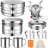 Funnymoom 15 Pcs Camp Cooking Set Stainless Steel Camping Cookware Mess Kit with Pot Pan and Stove 2 Set Stainless Steel Cups Plates Forks Knives Spoons for Camping Backpacking Outdoor Cooking Picnic