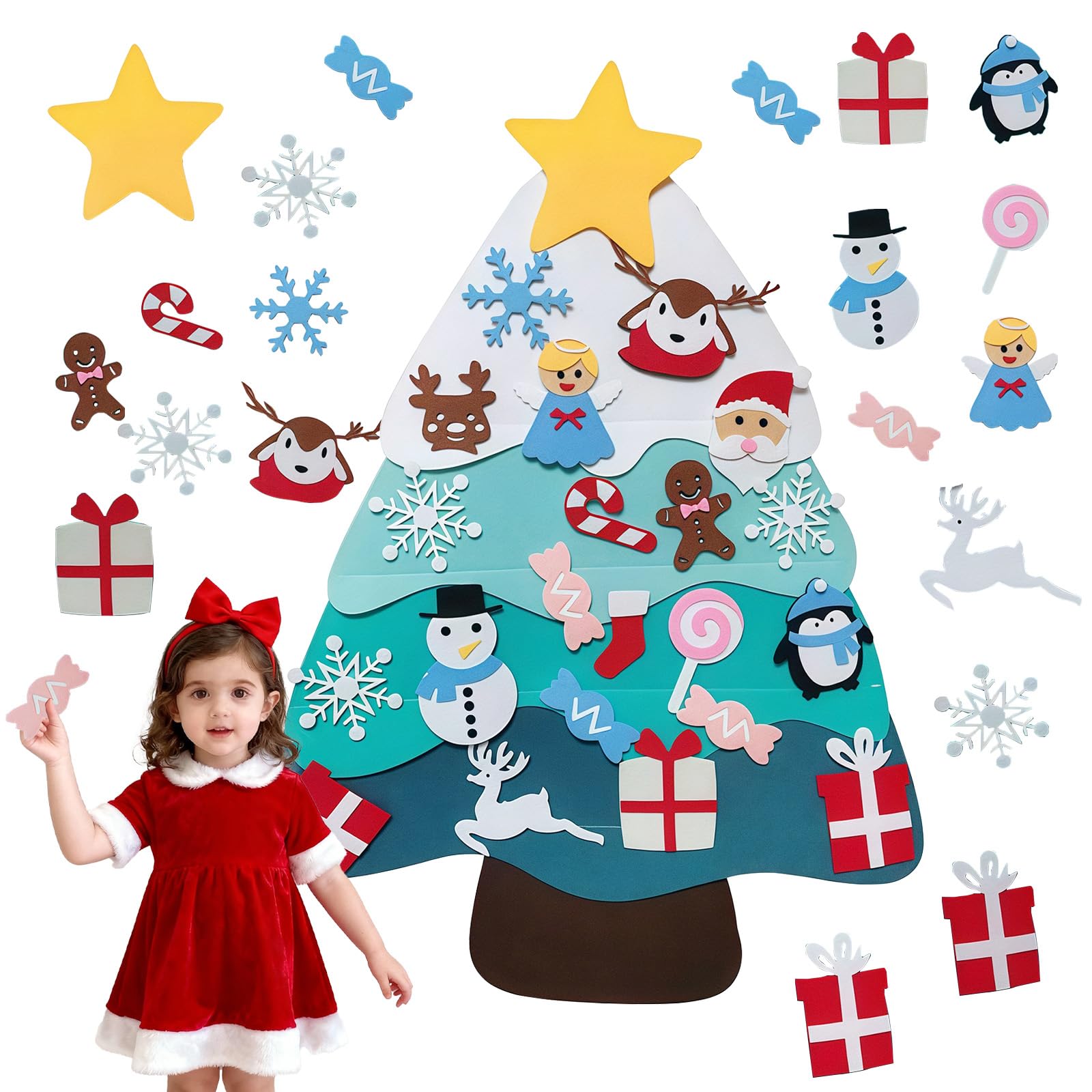 DIY Felt Christmas Tree for Kids Toddler,3.28ft Interactive Montessori Funny Felt Christmas Tree Decorations,Blue Xmas Tree with 32 Ornaments for Kids Xmas Gift Home Door Wall Window Hanging