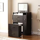 Herture Small Vanity Desk,Compact Vanity Set with Power Outlet | 3 in 1 Makeup Vanity with Lights,3 Modes Lighting,Sliding Cabinet,Storage Stool,Dressing Table,Black Vanity PT01DTH