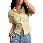 GORGLITTER Women's Summer Y2k Button Down Shirt Cute Short Sleeve Striped Fitted Crop Tops Vacation Going Out Outfits
