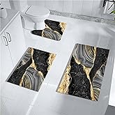 MUGINYU Black and Gold Rug for Bathroom Decor,Black and Gold Bathroom Rugs Sets 3 Piece,Marble Decor Thin Rubber Diatomaceous Earth Quick Dry Rugs with U-Shaped Contour Toilet Mat