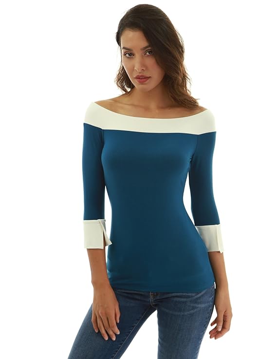 PattyBoutik Damen Kontrastfarbe 3/4 Ärmel Bluse