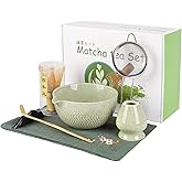 Matcha Whisk Set,7 Pcs Ceramic Set Includes Matcha Bowl,Matcha Whisk and Holder, Bamboo Scoop, Scoop Rest, Sifter and Tea Towel, Perfect Kit for Matcha lovers