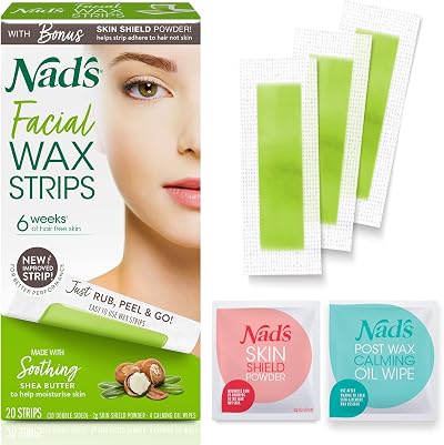 Nad’s Facial Wax Strips for Women 20 Strips + 4 Calming Wipes Hypoallergenic