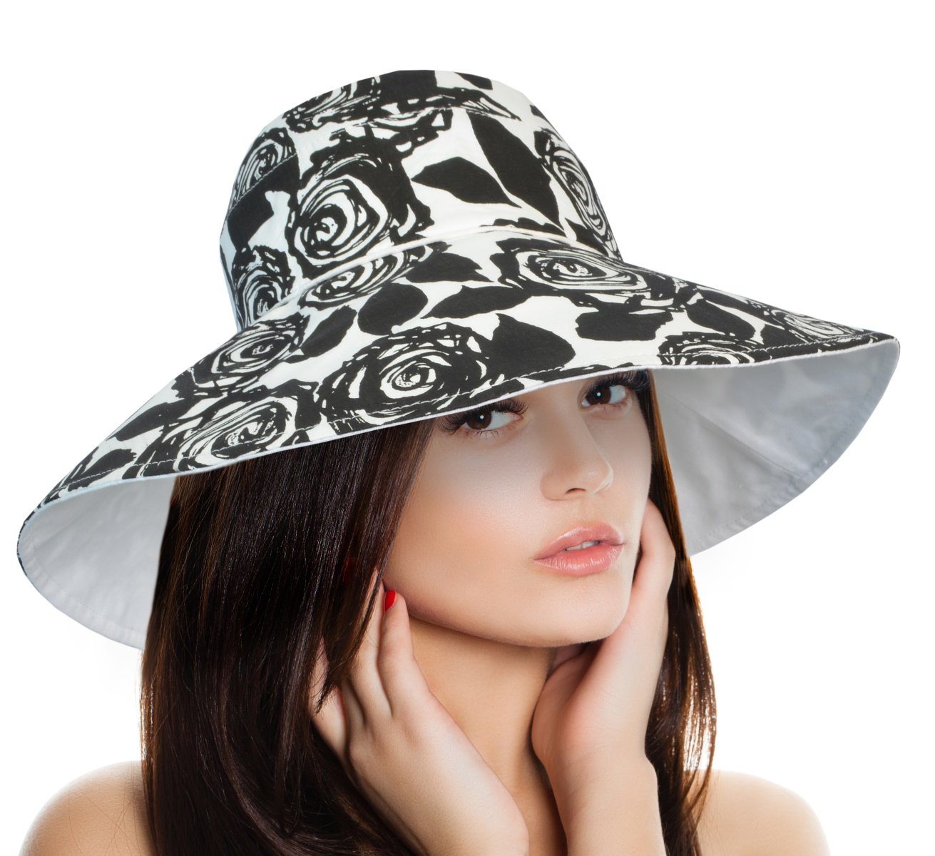 Womens Sun Hat Packable Wide Brim UV Protection Beach Hat Rose Pattern Black