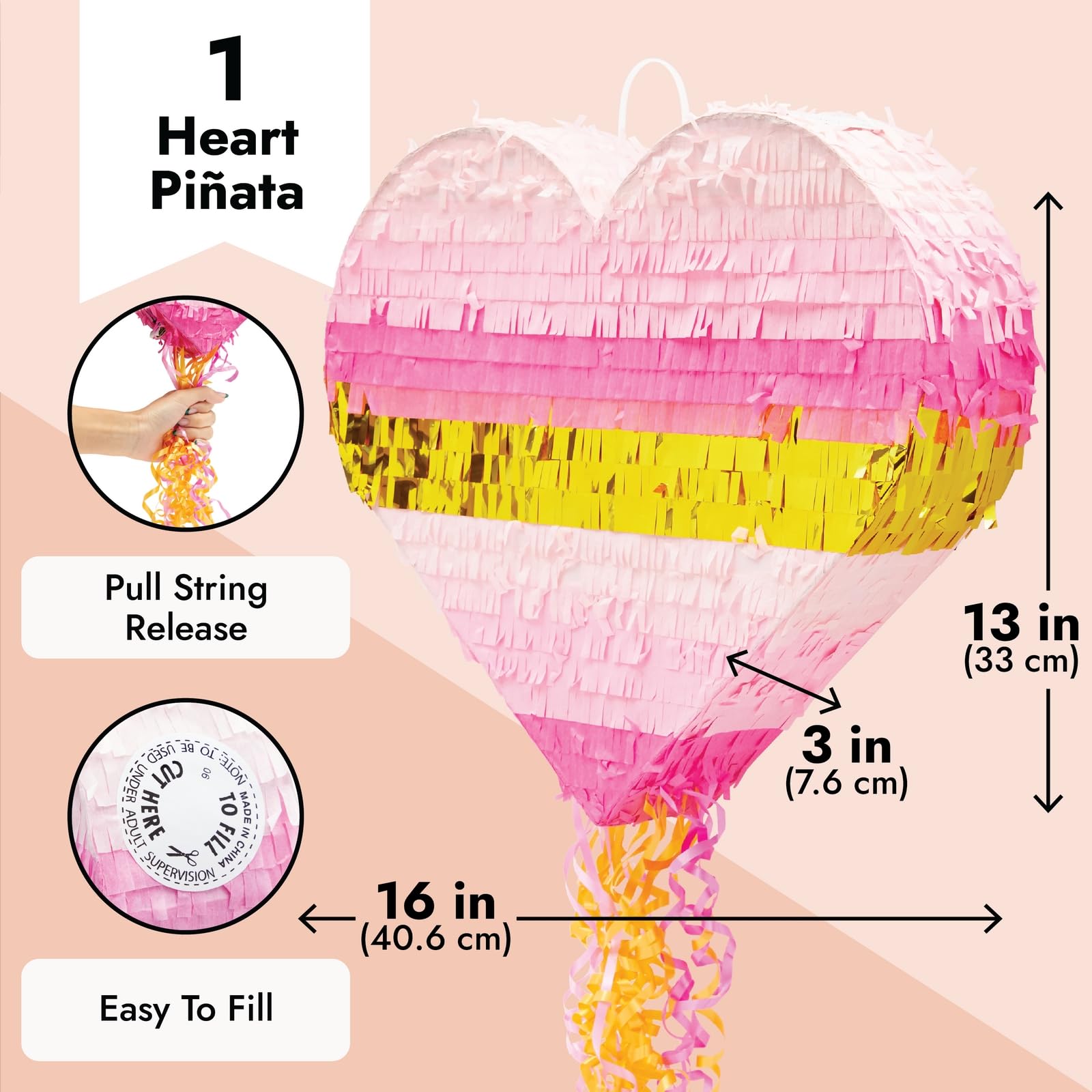 Sparkle and Bash Pink and Gold Ombre Pull String Heart Pinata - Ideal for Birthday Party Decorations & Supplies, Quinceanera, Valentine's Day (16 x 13 x 3 In Pull String Pinata, Small)