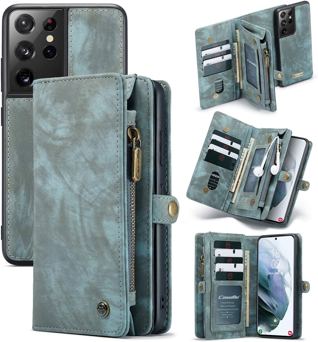 ANROD Detachable Leather Wallet Case for Samsung Galaxy S21 Ultra,CaseMe Magnetic Closure 2-in-1 Flip TPU Shockproof Zipper Purse Back Cover with Card Slots (Blue)