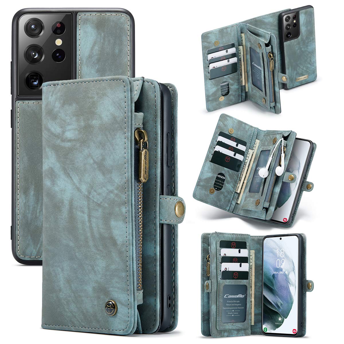 ANROD Detachable Leather Wallet Case for Samsung Galaxy S21 Ultra,CaseMe Magnetic Closure 2-in-1 Flip TPU Shockproof Zipper Purse Back Cover with Card Slots (Blue)