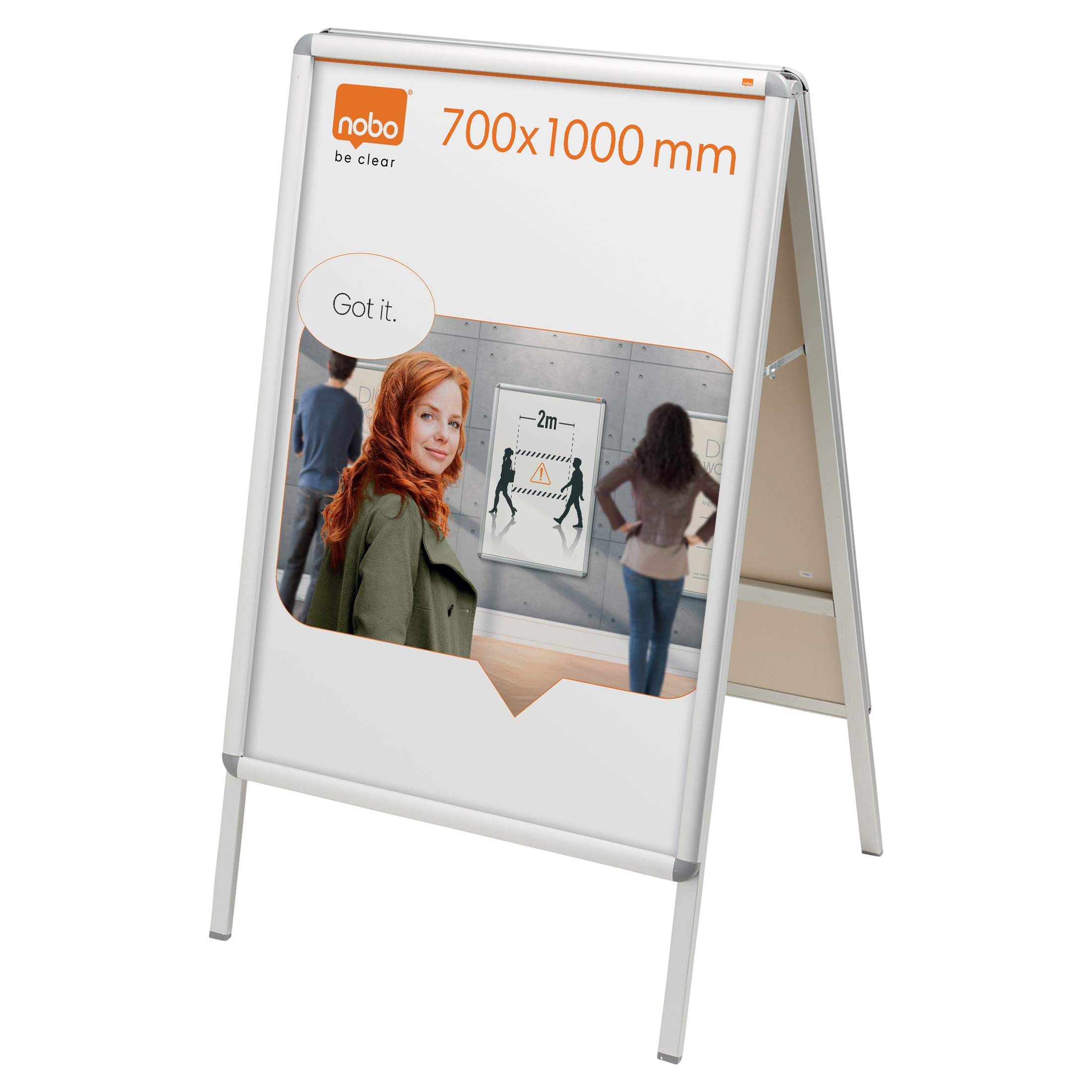 Nobo A-Board Sign Holder With Snap Frame, 700 x 1000 mm, Free-Standing, Double-Sided, Aluminium Trim, Anti-Glare Protective Cover, Premium Plus, Silver, 1902205