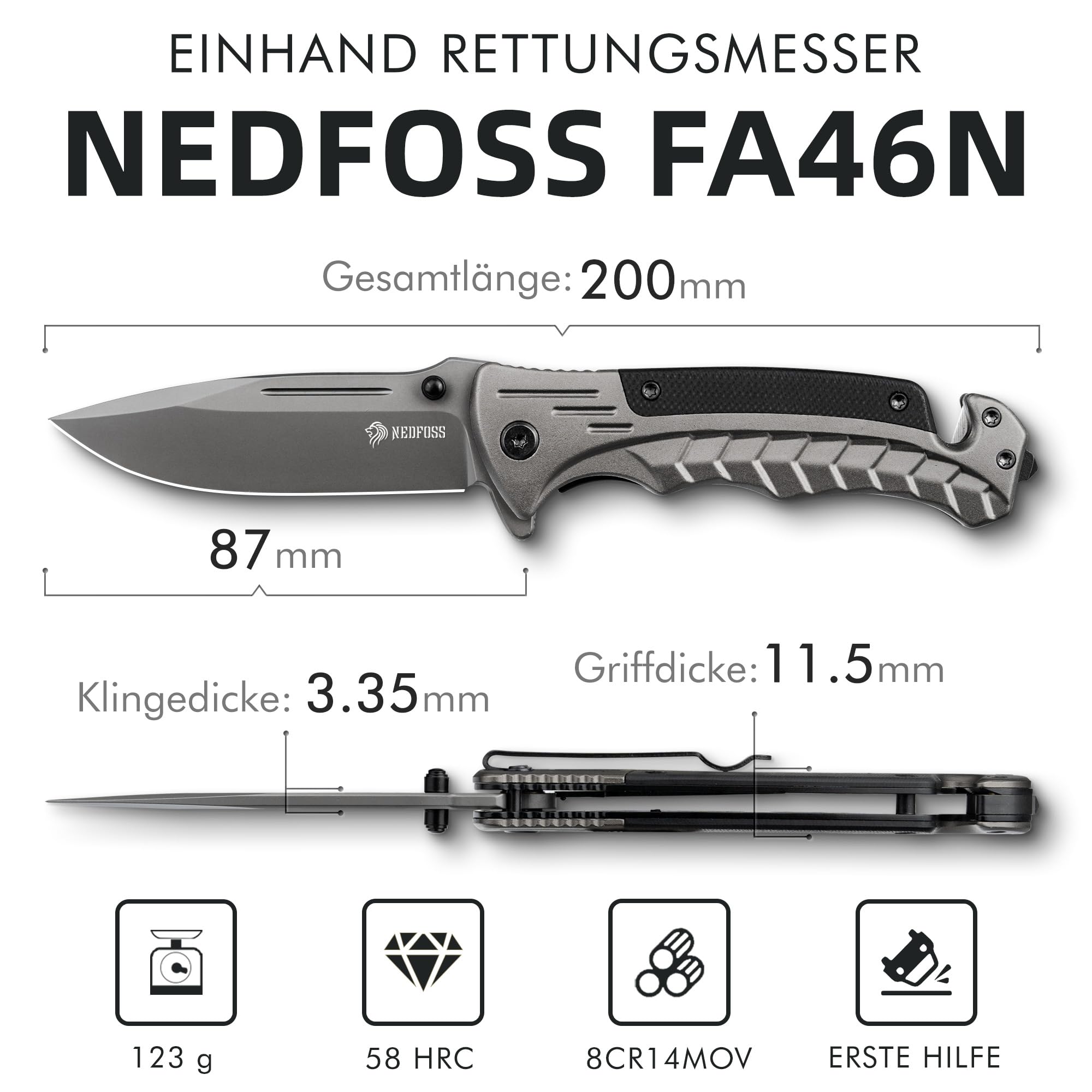 NedFoss FA46N Taschenmesser, Rettungsmesser mit Gurtschneider & Glasbrecher, Klappmesser mit Gürtelclip, Einhandmesser für Auto, Survival überlebensmesser für Unfallsituationen, Rescue messer 6