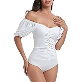 GLOWSUMM Sexy V Neck Puff Short Sleeve Bodysuit for Women Off Shoulder T-Shirt Backless Tops