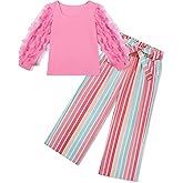 Luckrizyy Toddler Kids Girl Clothes Fall Outfits Mesh Flower Long Sleeve Top High Waist Pants Belt Girls Clothing Sets 3-8Y