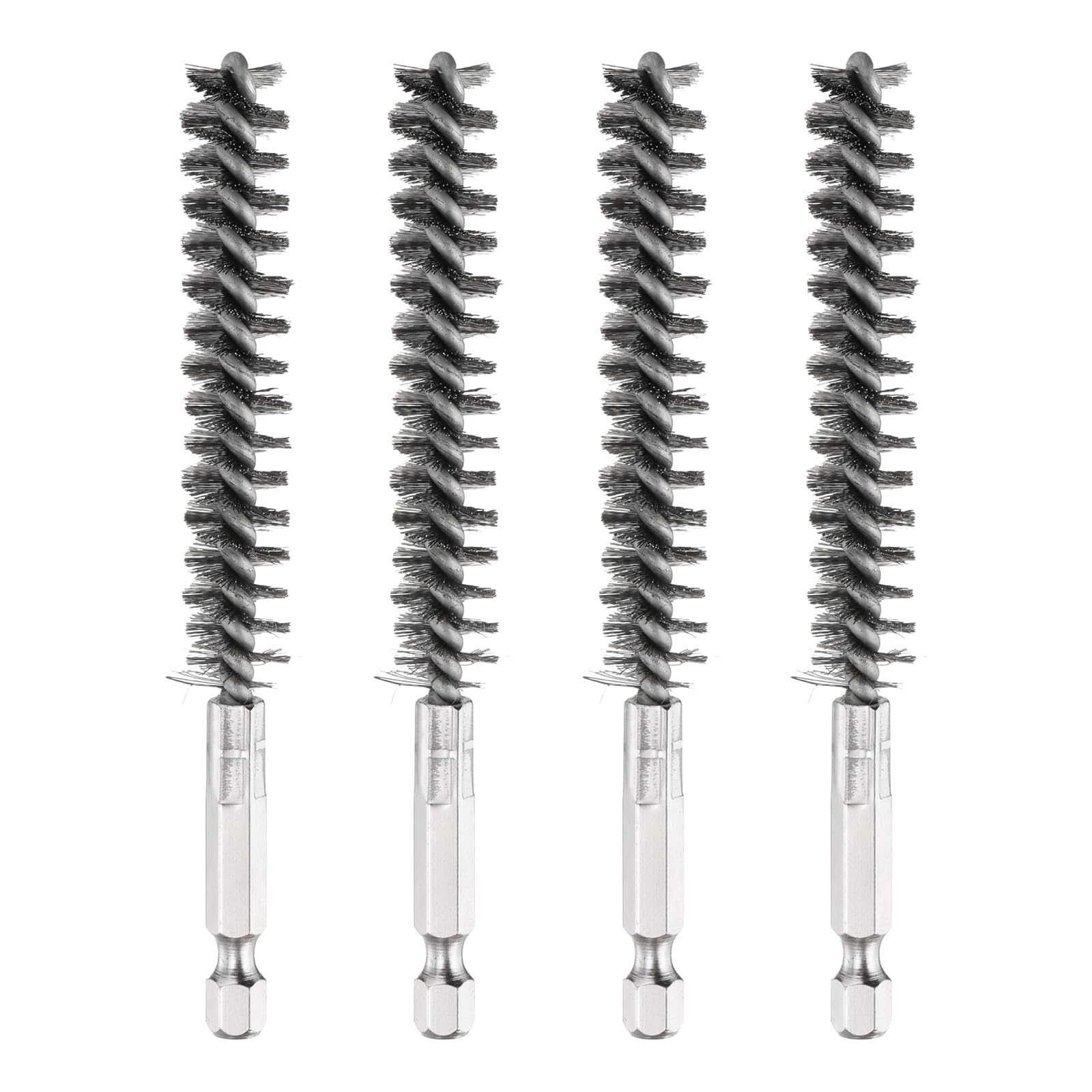 PATIKIL 10mm Dia Bore Brush, 4Pcs Stainless Steel Twisted Wire Cleaning Brush Pipe Cleaner with 1/4 Inch Hex Shank for Tubes, Ports, Bearings, Drill Driver, Silver Tone