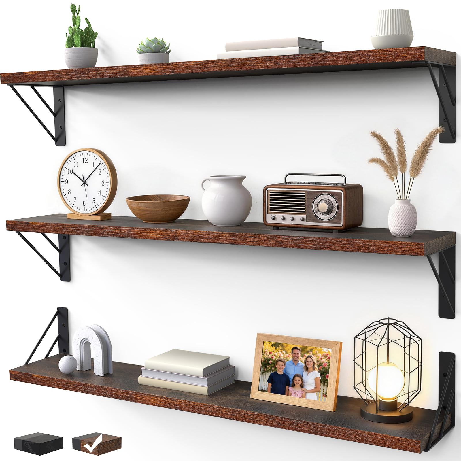 BAYKA Wall Shelves for Bedroom Decor, Floating Shelves for Wall, Display Mounted Rustic Wood Shelf for Books,Plants,Corner Shelves for Bathroom,Kitchen,Living Room(Rustic Brown，36in，Set of 3) Image