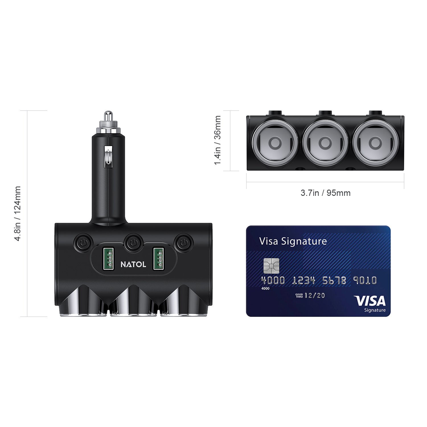 NATOL Cigarette Lighter Adapter, 12V/24V 3-Socket Car Charger Cigarette Lighter Splitter with 2 Smart USB Ports for iPhone, iPad, Samsung, GPS, Dashcam