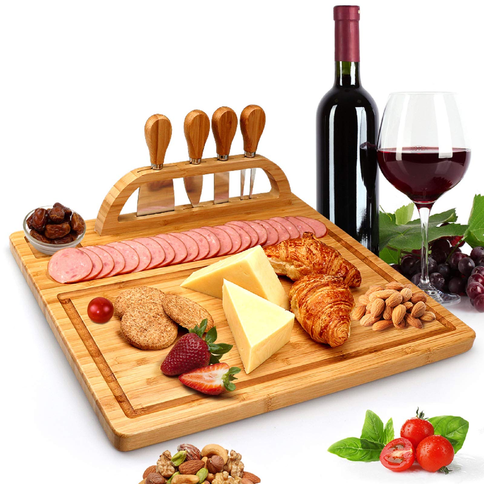 Bamboo Cheese Board, Large Charcuterie Platter Includes 4 Cheese Knives, Ideal for Gifts (Long Board)