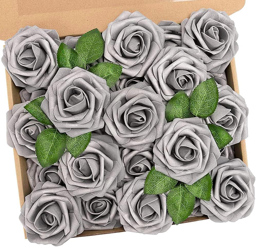 N&T NIETING Artificial Flowers, 25Pcs Artificial Roses Fake Flowers Perfect for DIY Wedding Bridal Bouquets Centerpieces Bridal Shower Party Home Flower Arrangement Decorations, Silver Gray